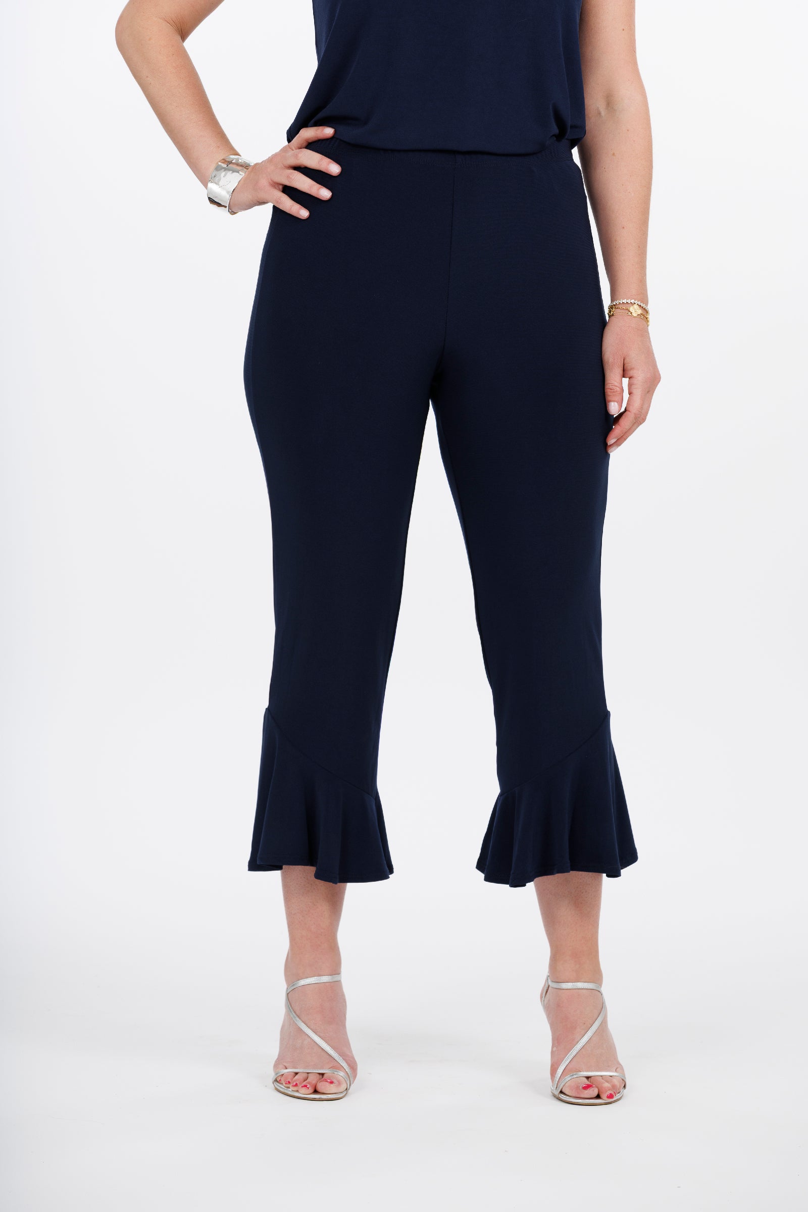 Slinky® Brand Jersey Knit Cropped Pant with Angled Hem Flounce