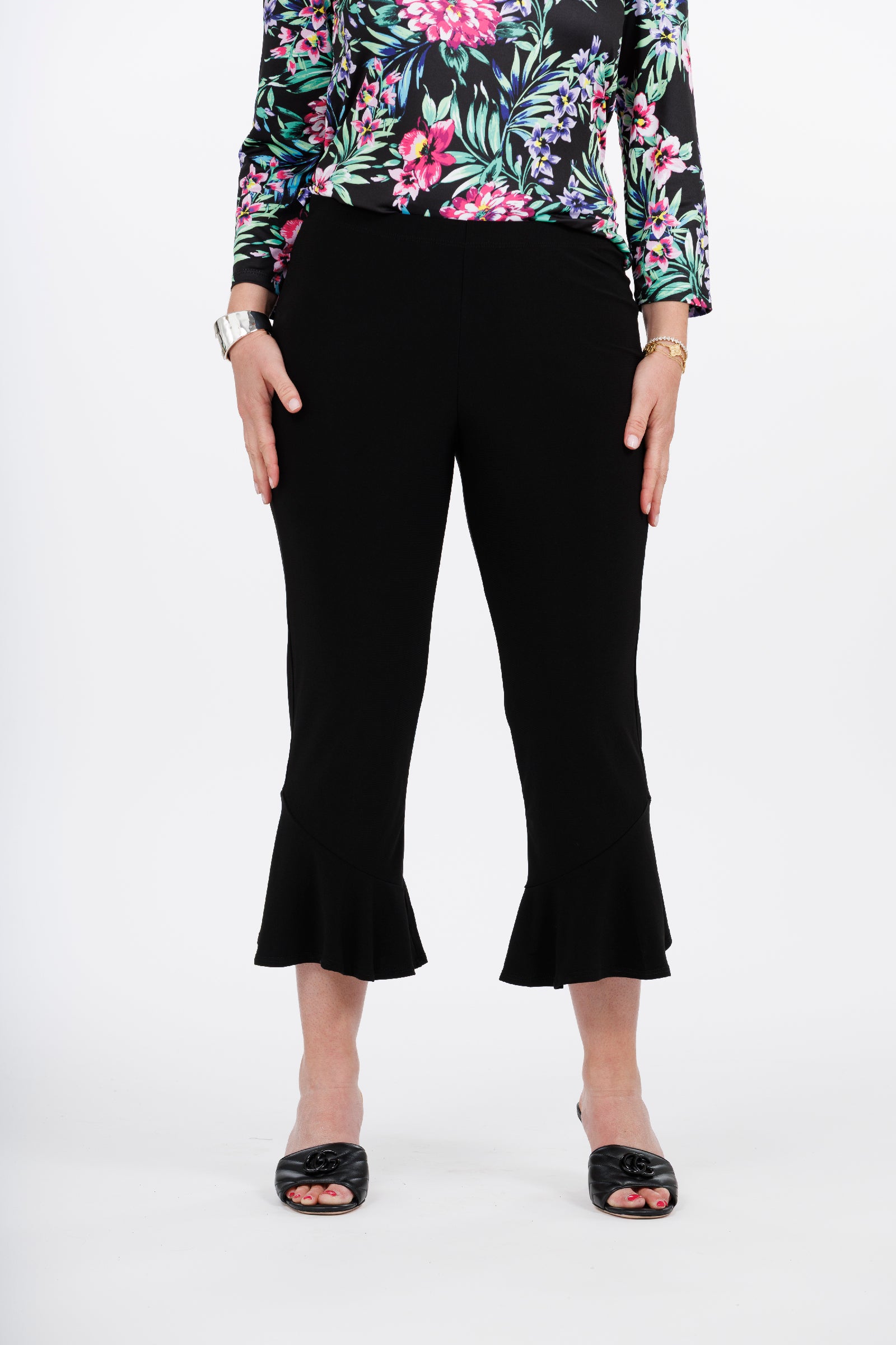 Slinky® Brand Jersey Knit Cropped Pant with Angled Hem Flounce