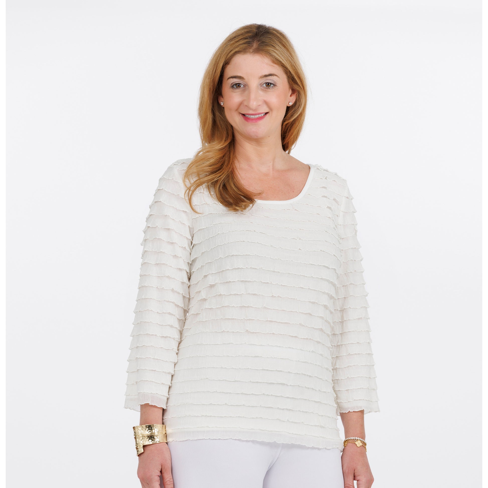 Slinky® Brand 3/4 Sleeve Ruffle Textured Scoop Neck Tee