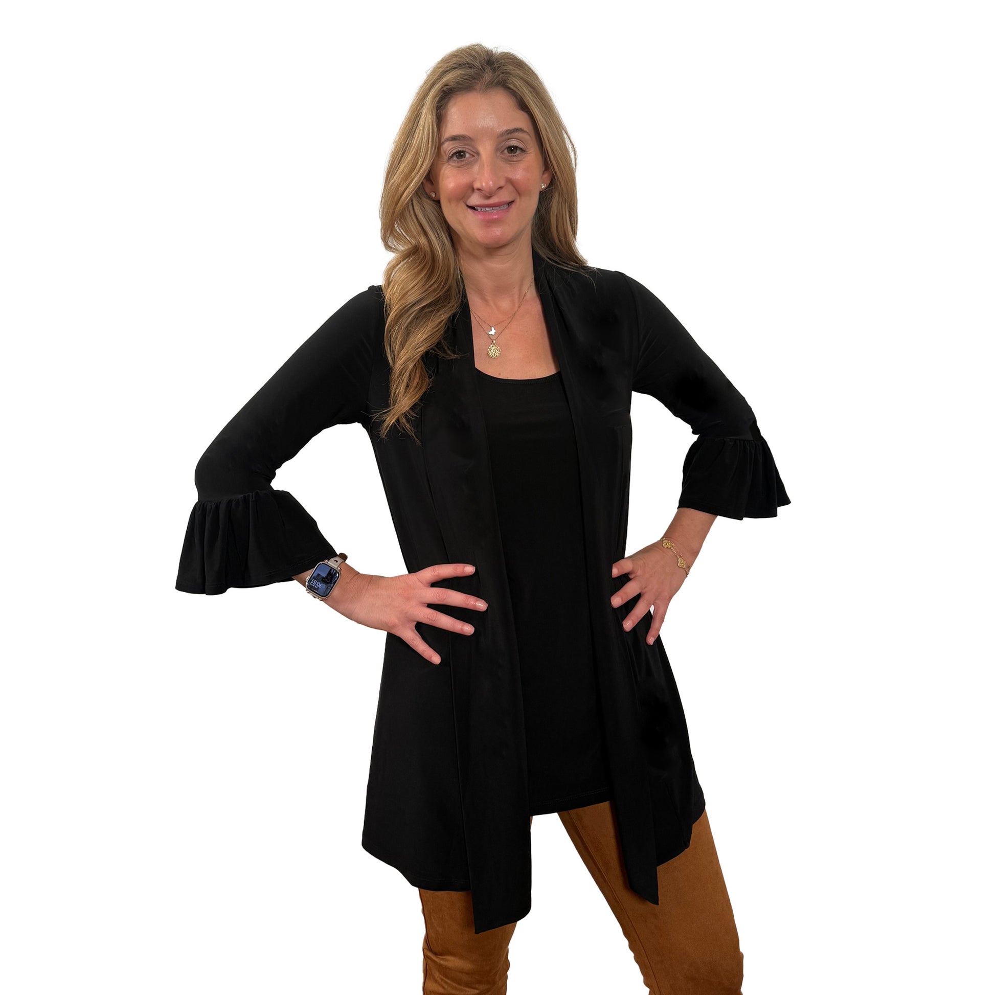 Slinky® Brand 2 Piece Set: Jersey Knit ¾ Flounce Sleeve Shawl Collar Duster With Side Slits & Sleeveless Scoop neck Long Tunic With Side Slits