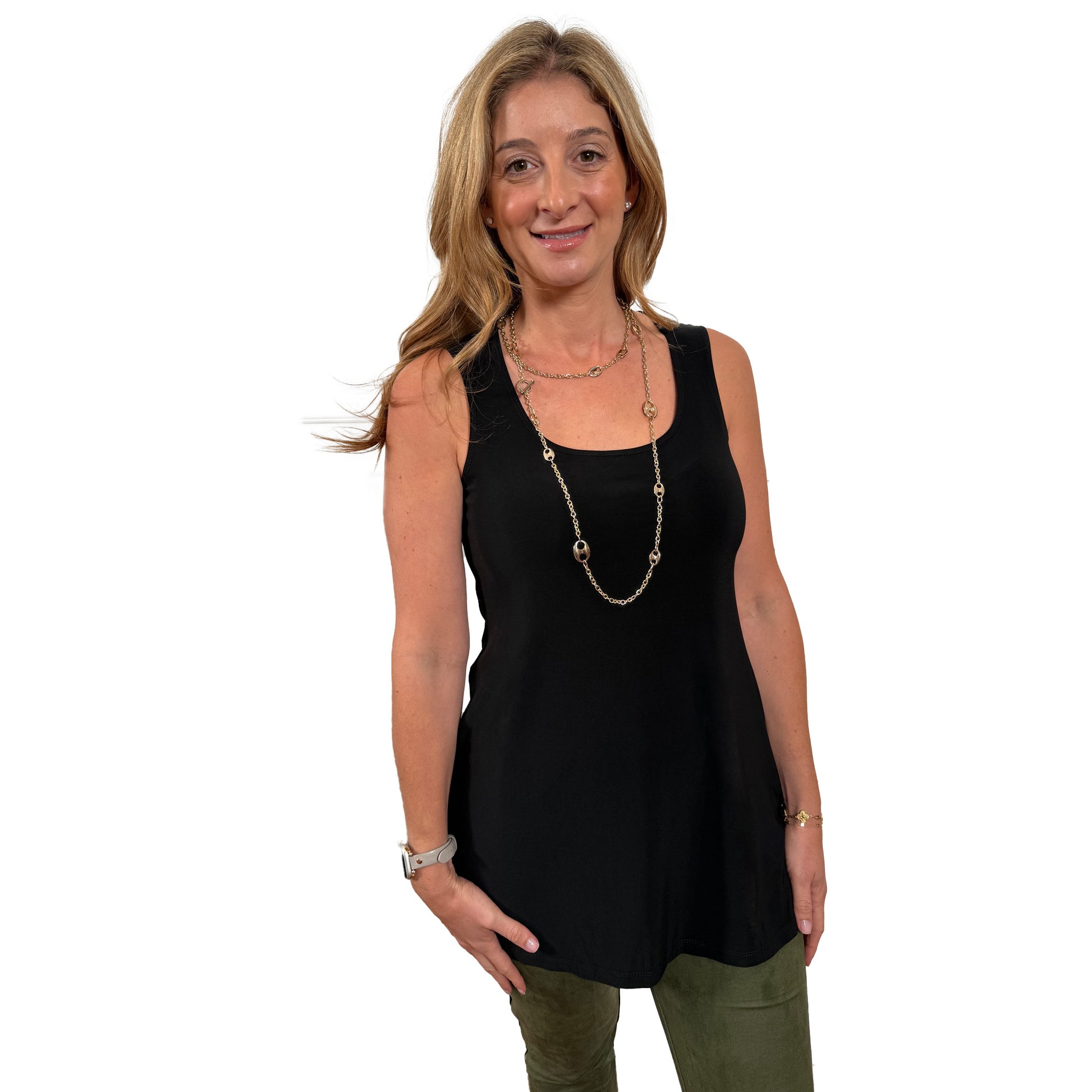 Slinky® Brand 2 Piece Set: Jersey Knit ¾ Flounce Sleeve Shawl Collar Duster With Side Slits & Sleeveless Scoop neck Long Tunic With Side Slits