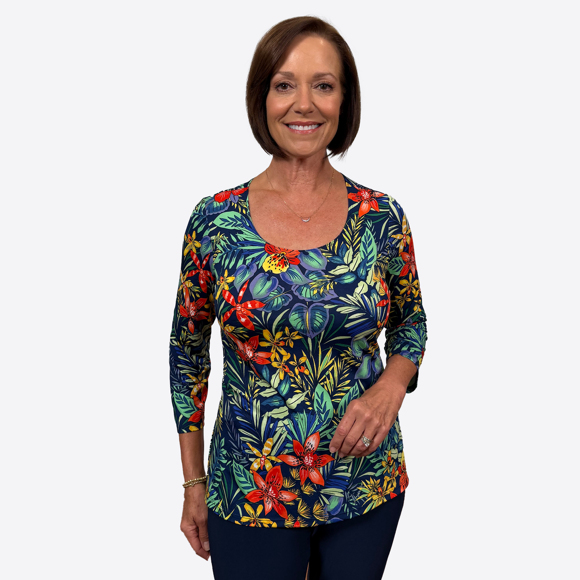 Slinky® Brand Jersey Knit ¾ Sleeve Scoop Neck Printed Tunic with Side Slits