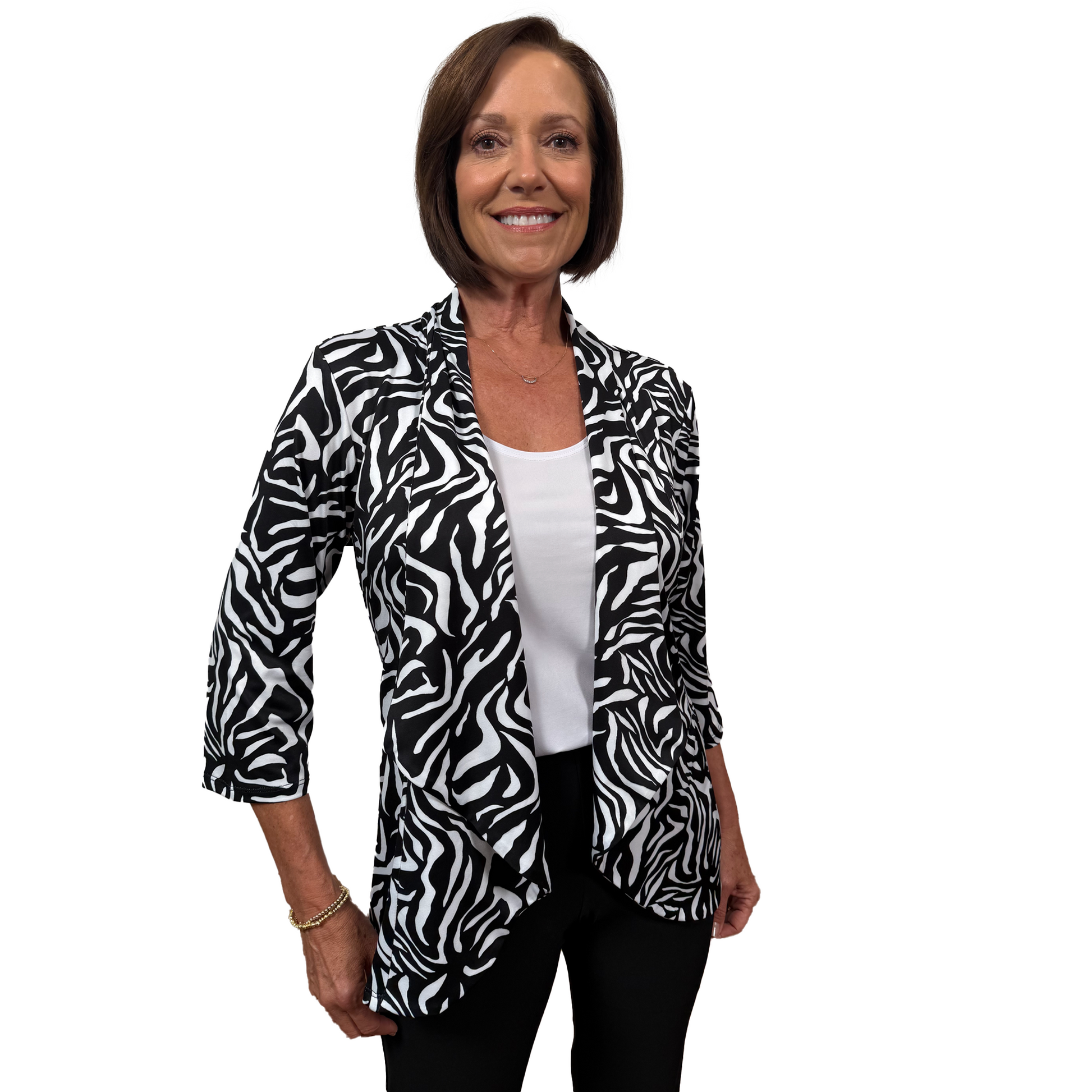 Slinky® Brand Printed Jersey Knit ¾ Sleeve Alissa Jacket