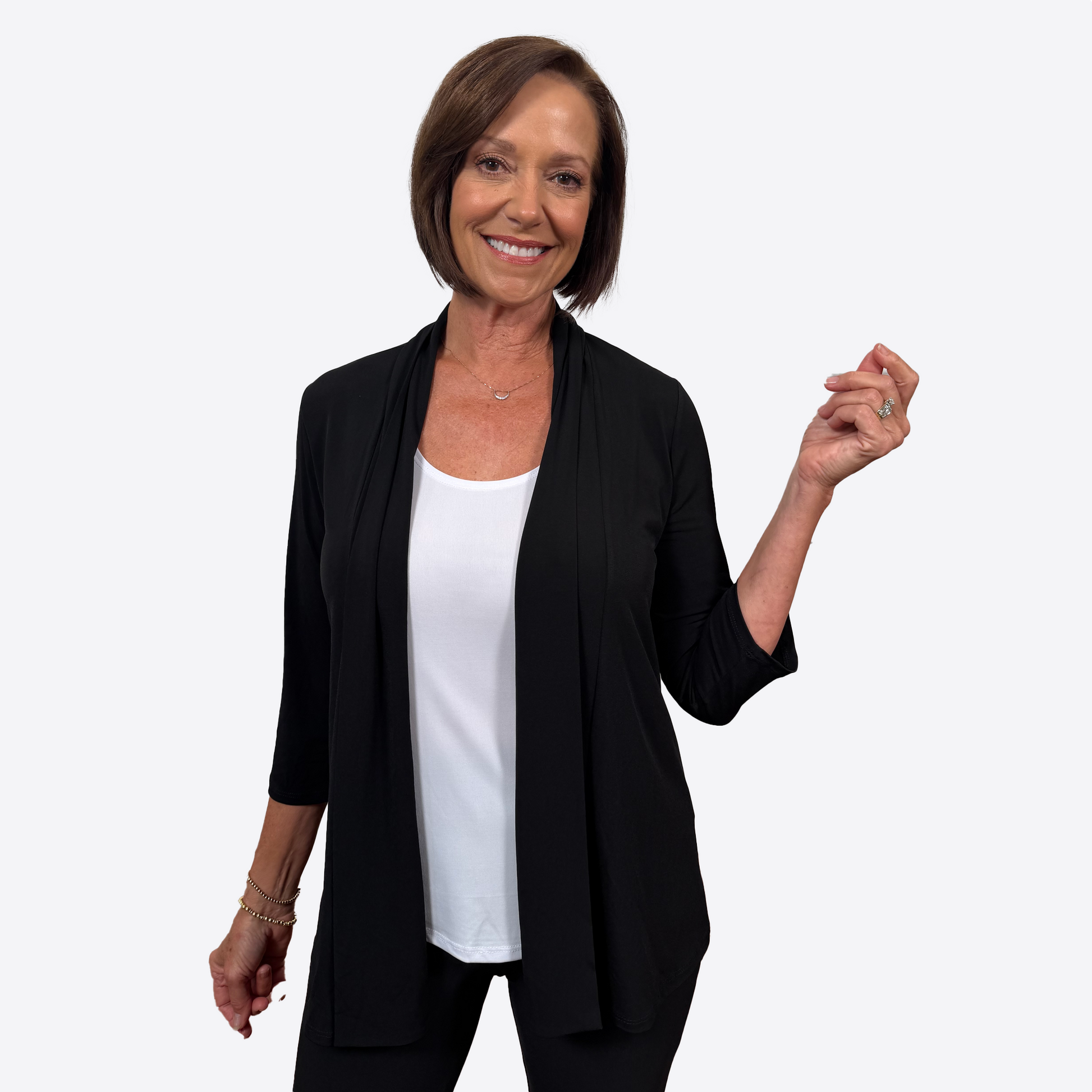 Slinky® Brand Jersey Knit ¾ Sleeve Solid Shawl Front Jacket