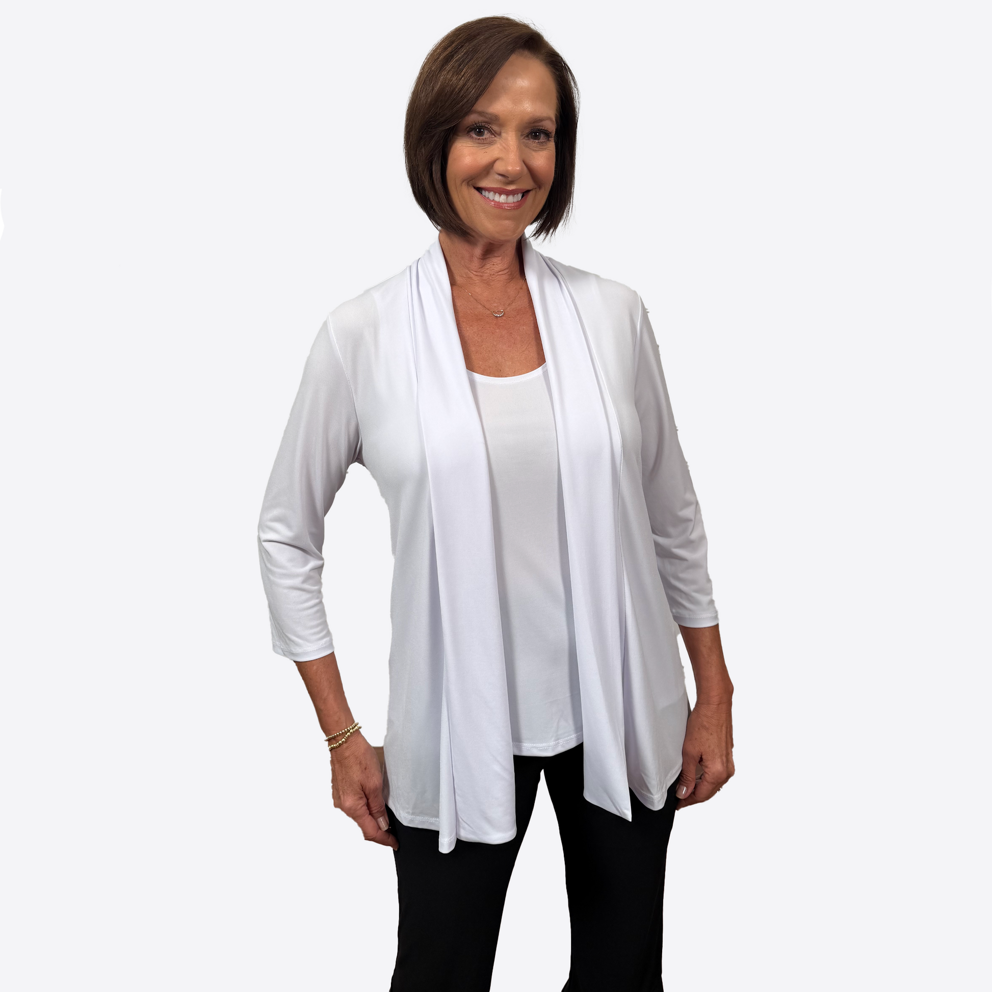 Slinky® Brand Jersey Knit ¾ Sleeve Solid Shawl Front Jacket