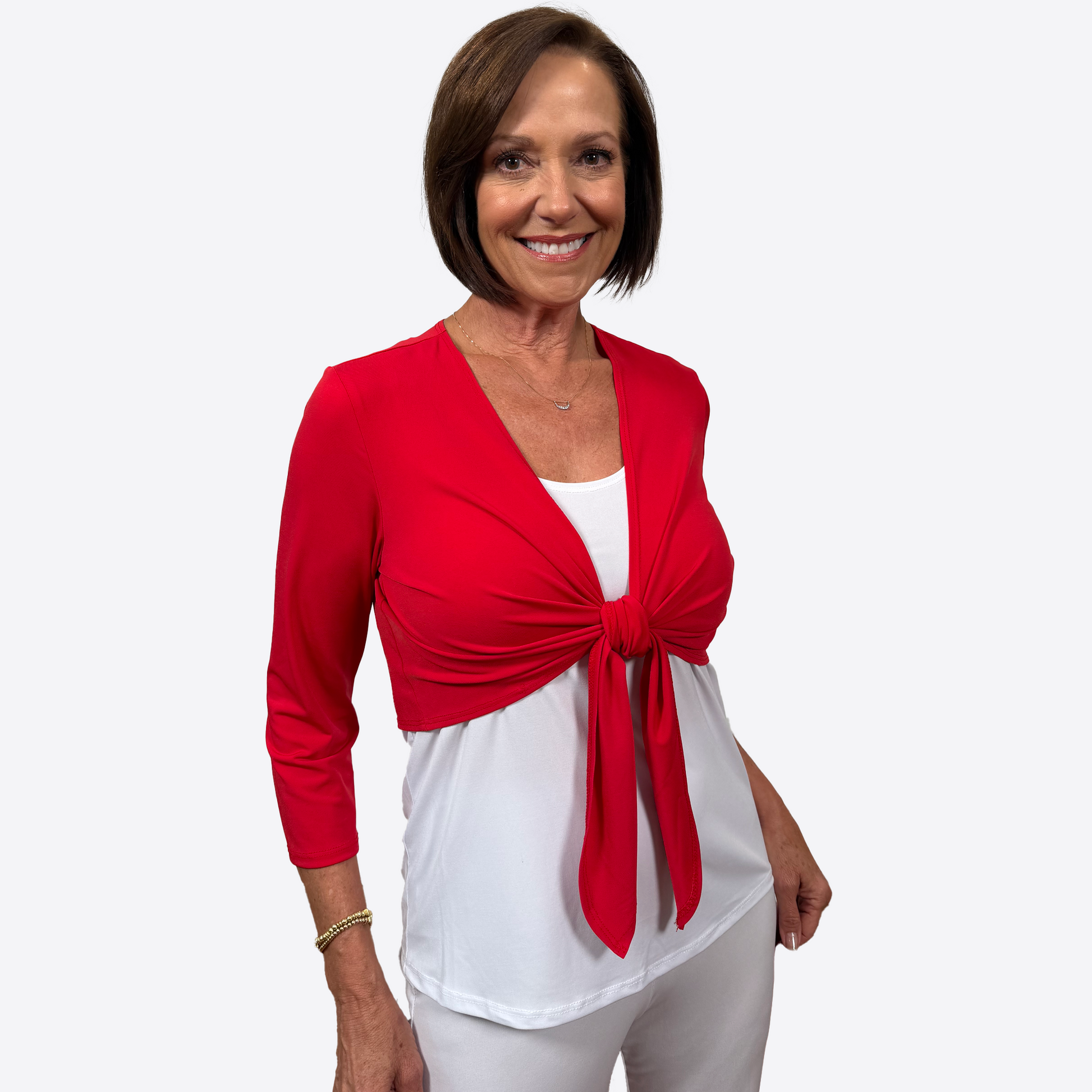 Slinky® Brand Jersey Knit ¾ Sleeve Tie Front Solid Cropped Jacket