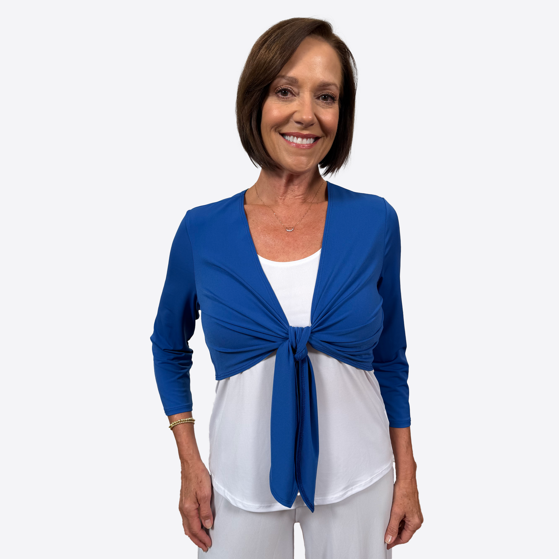 Slinky® Brand Jersey Knit ¾ Sleeve Tie Front Solid Cropped Jacket