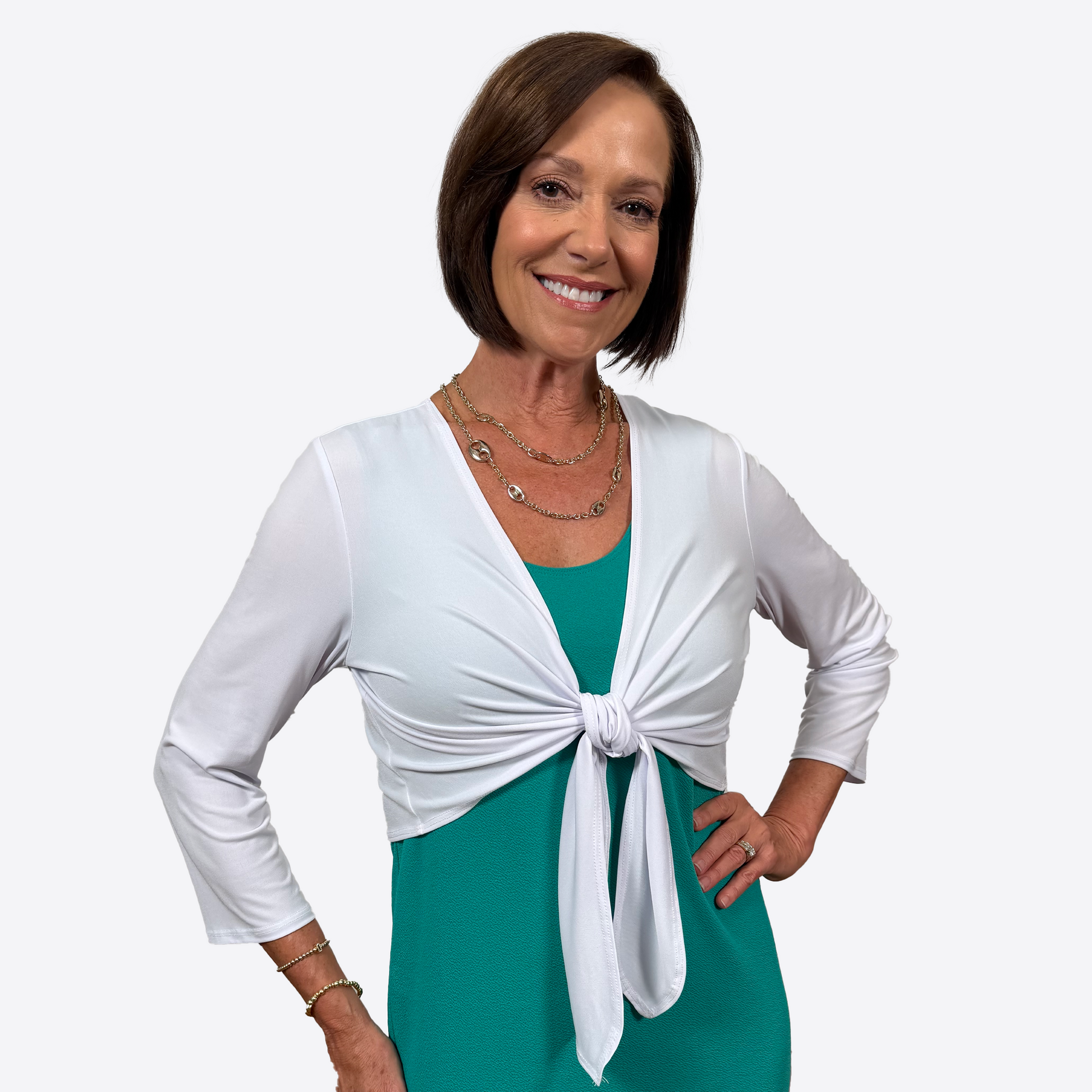 Slinky® Brand Jersey Knit ¾ Sleeve Tie Front Solid Cropped Jacket