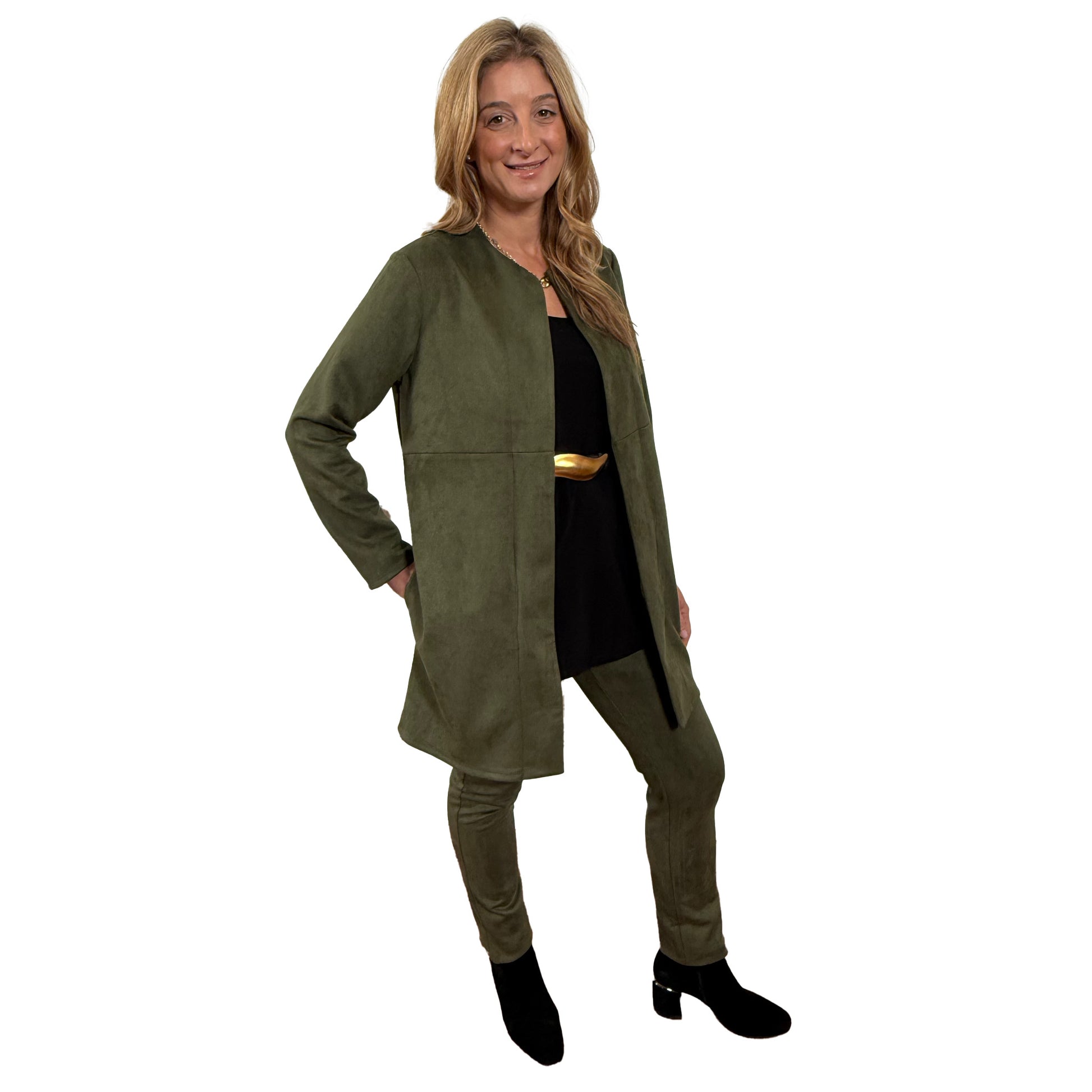 Slinky® Brand Long Faux Suede Collarless Duster With Pockets