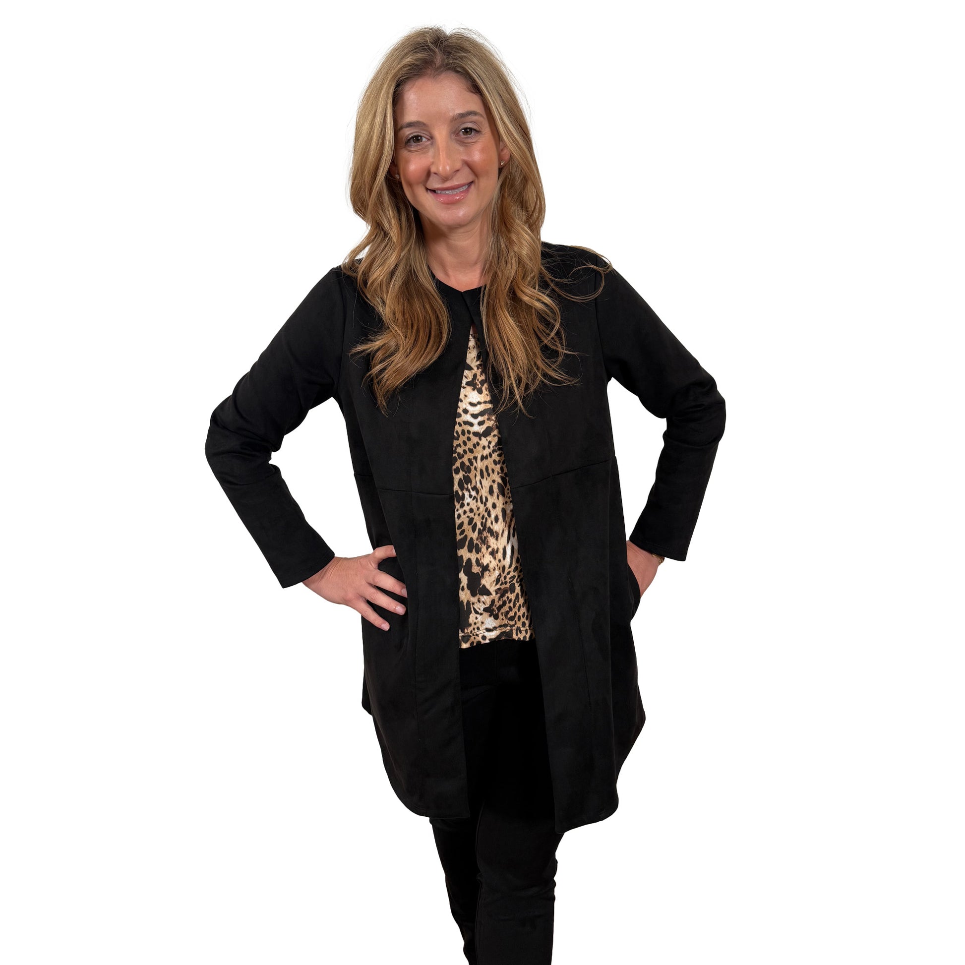 Slinky® Brand Long Faux Suede Collarless Duster With Pockets