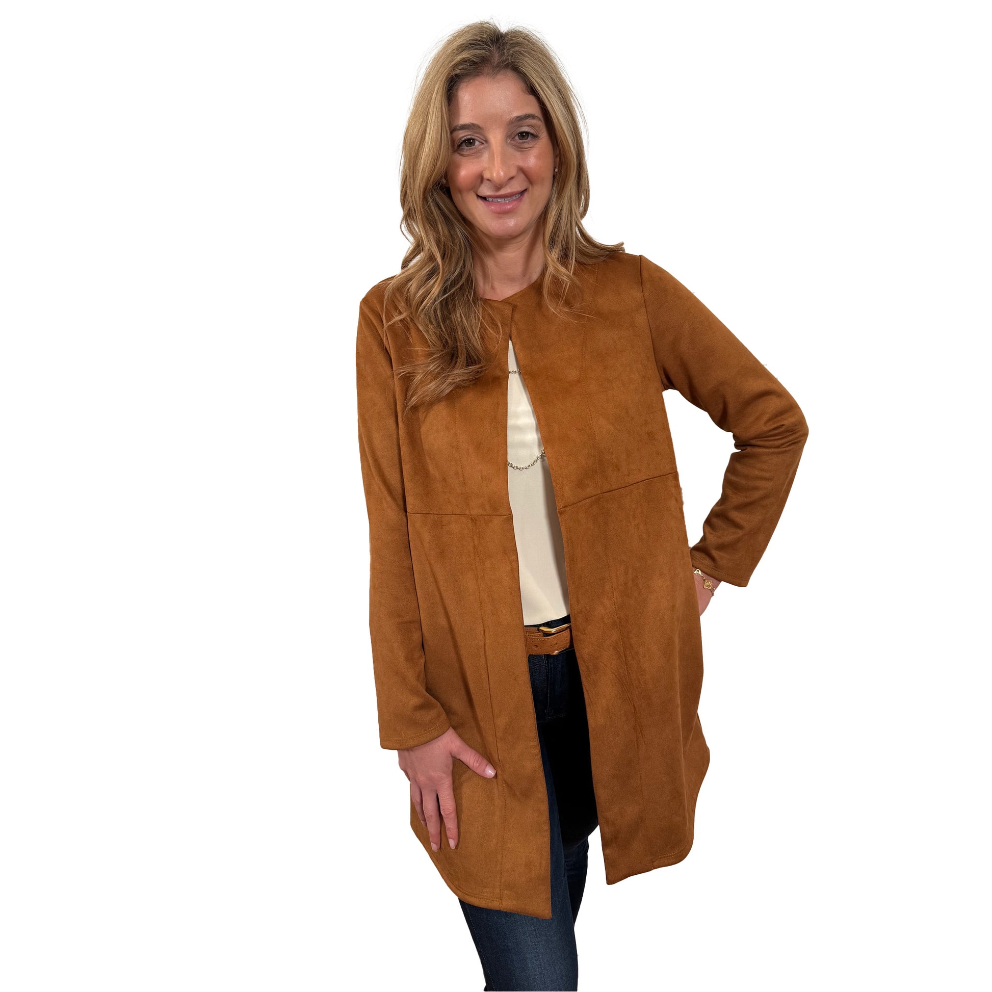 Slinky® Brand Long Faux Suede Collarless Duster With Pockets