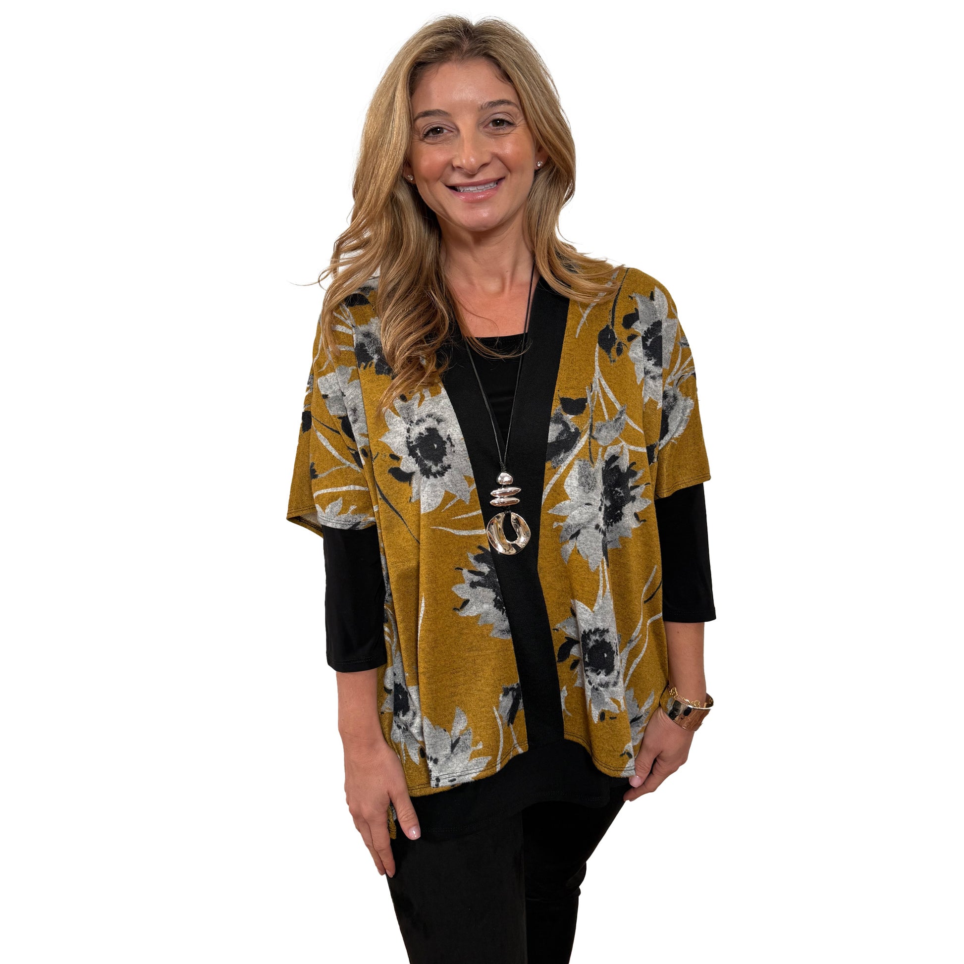 Slinky® Brand Melange Printed Sweater Knit Kimono Jacket