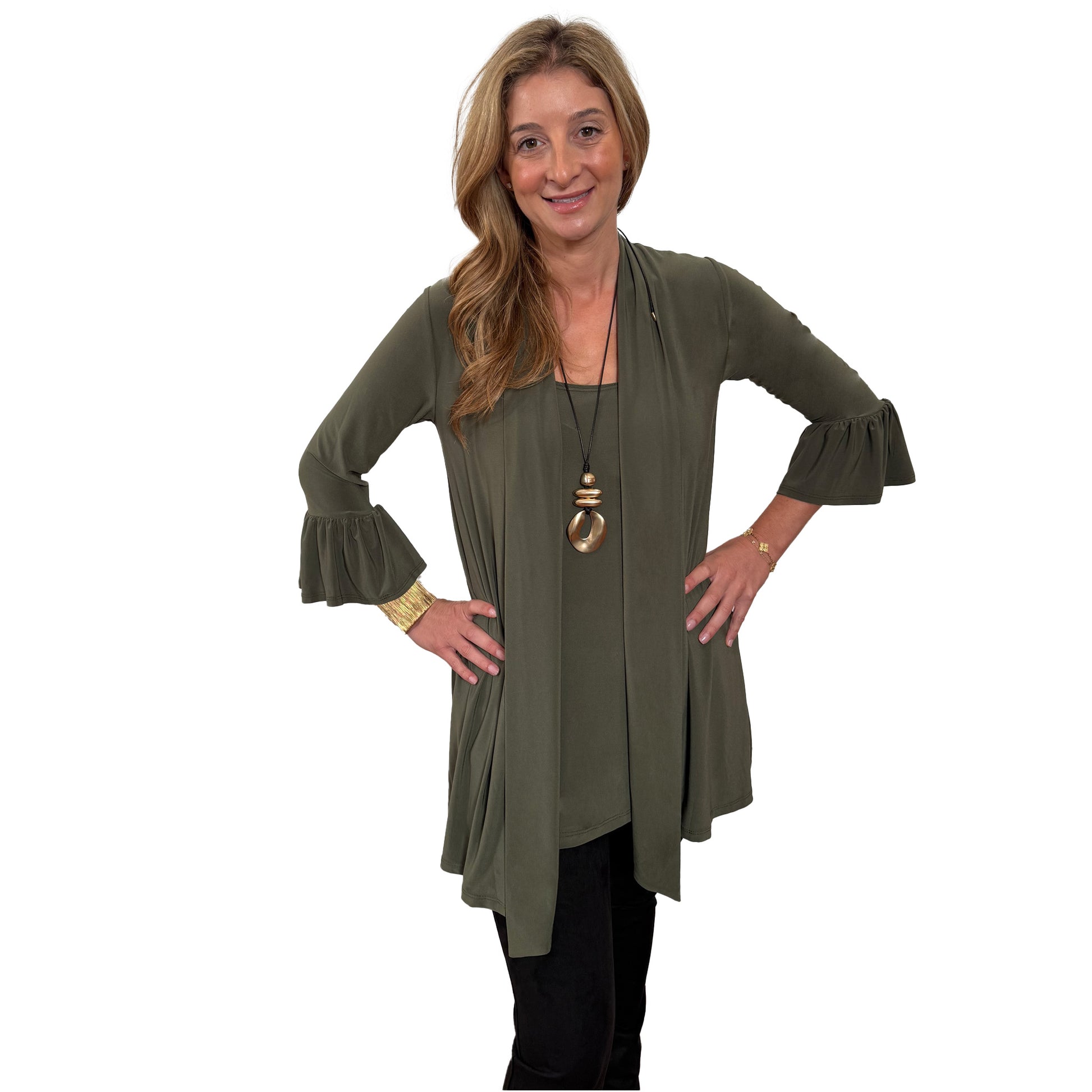 Slinky® Brand 2 Piece Set: Jersey Knit ¾ Flounce Sleeve Shawl Collar Duster With Side Slits & Sleeveless Scoop neck Long Tunic With Side Slits