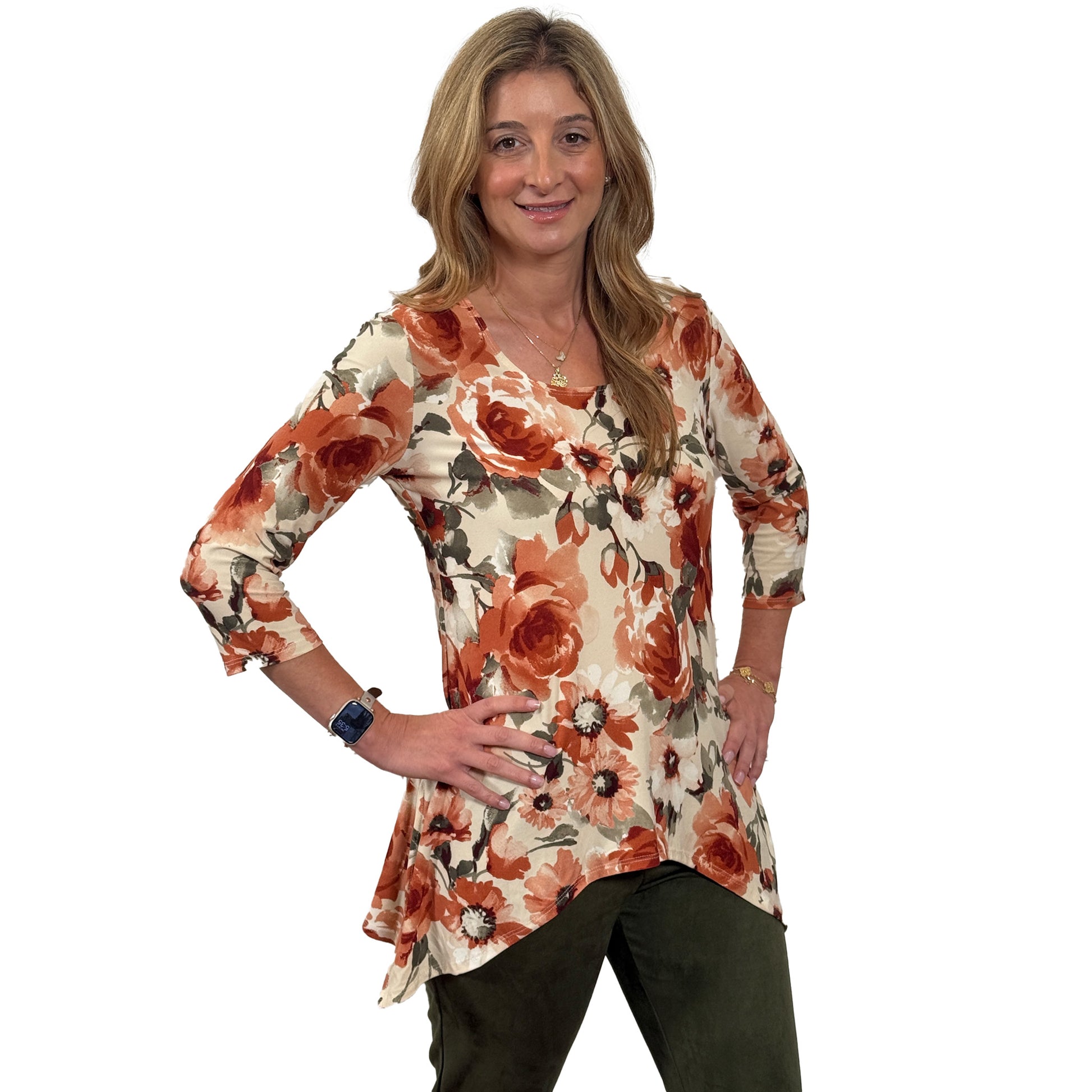 Slinky® Brand Brushed Jersey Knit ¾ Sleeve Scoop Neck Sharkbite Hem Tunic with Side Slits