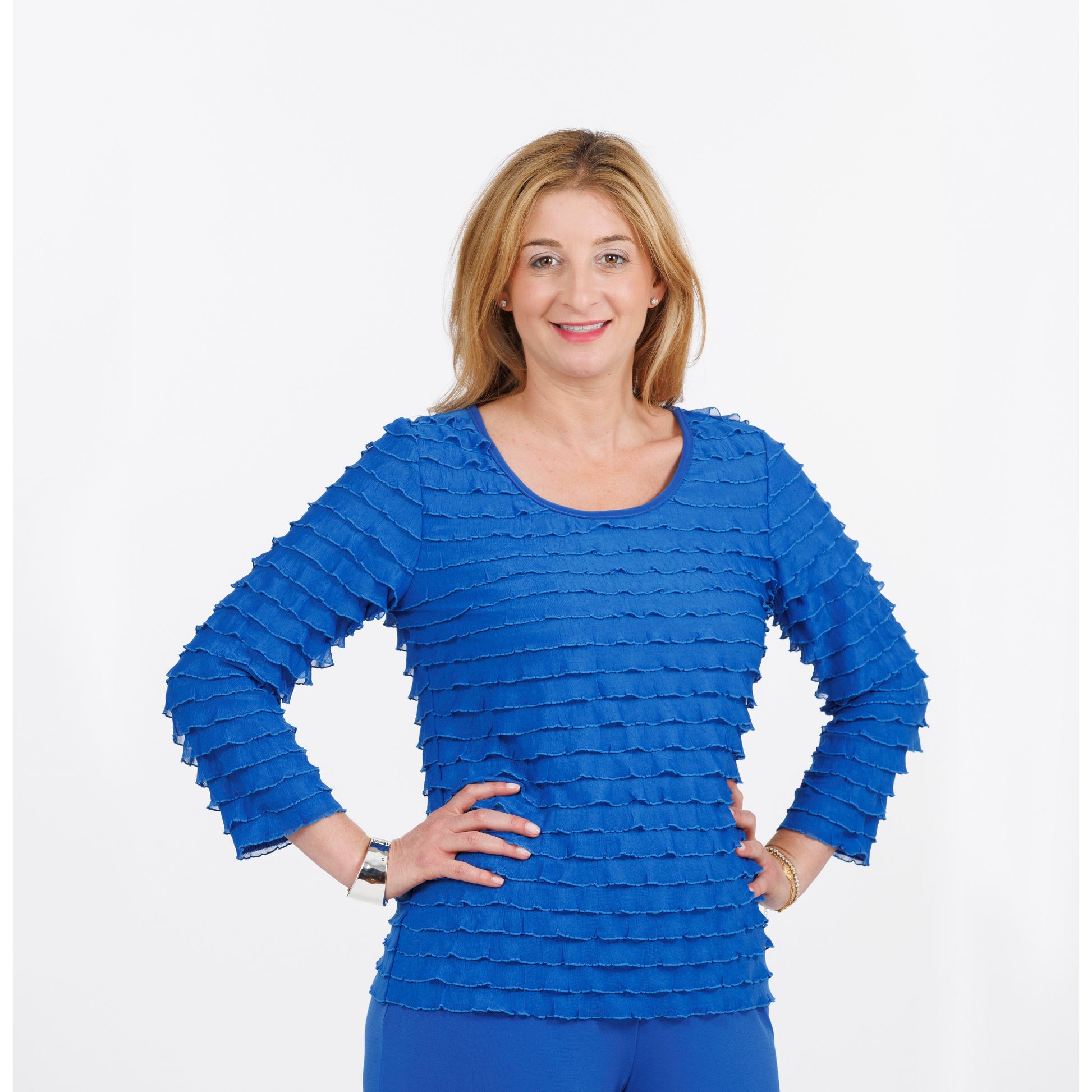 Slinky® Brand 3/4 Sleeve Ruffle Textured Scoop Neck Tee