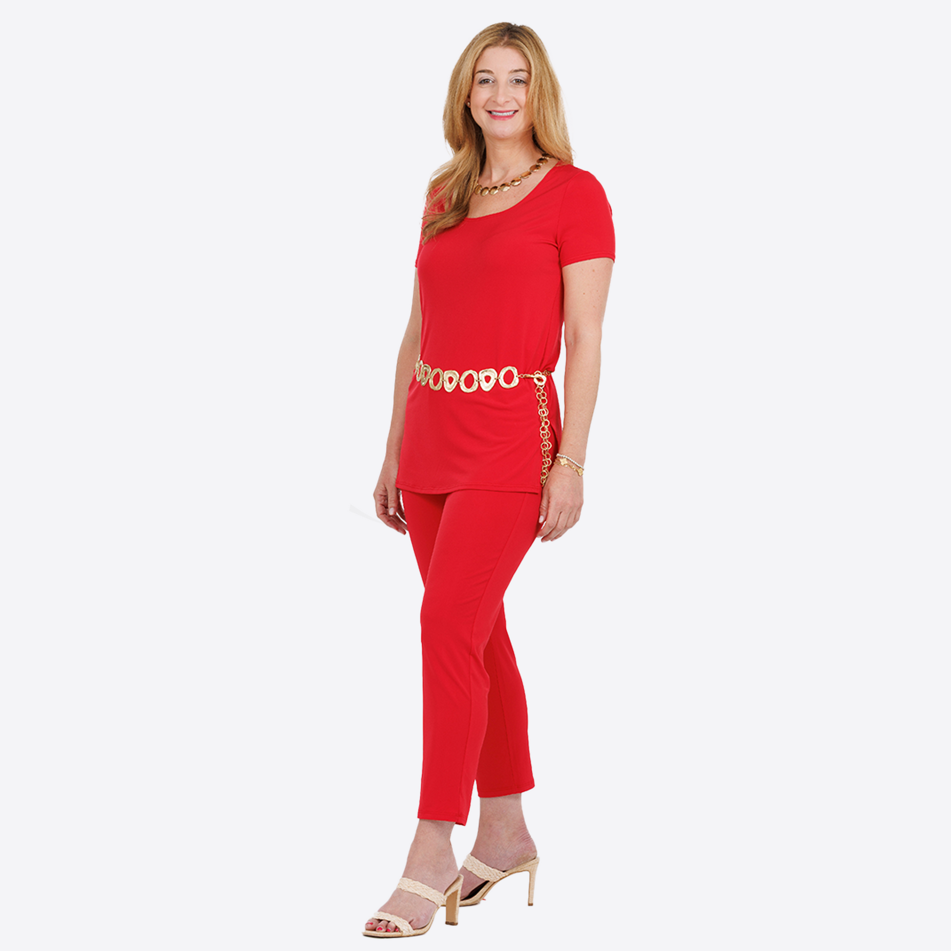 Slinky® Brand Jersey Knit 2 Piece Set-Cap Sleeve Scoop Neck Tunic and Basic Cropped Pant Set