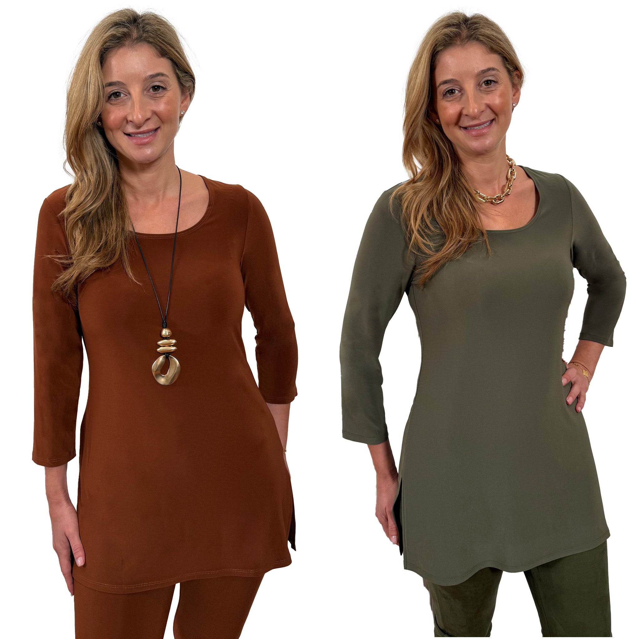 Slinky® Brand Jersey Knit Two-Pack ¾ Sleeve Long Tunics with Side Slits