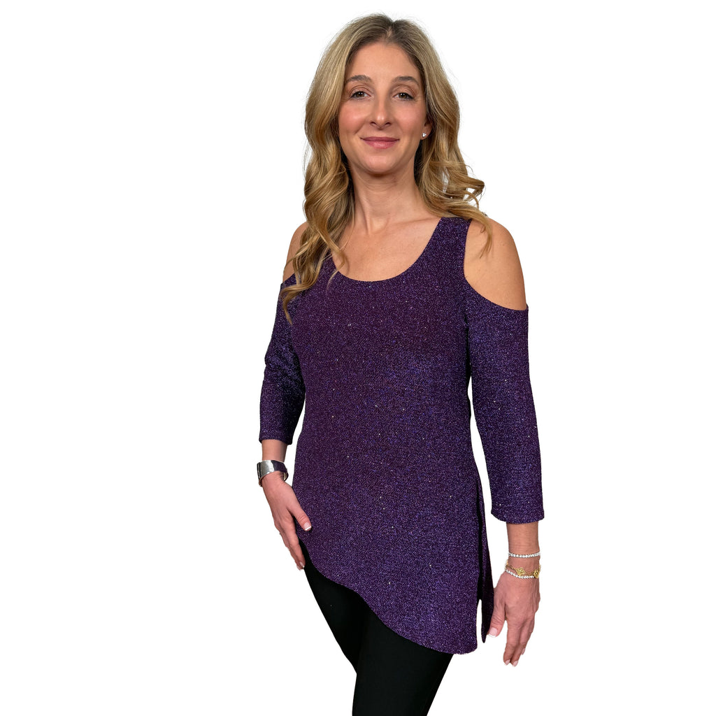 Slinky® Brand Sparkle and Lurex Knit Scoop Neck Cold Shoulder with Angle Hem Tunic and Side Slits