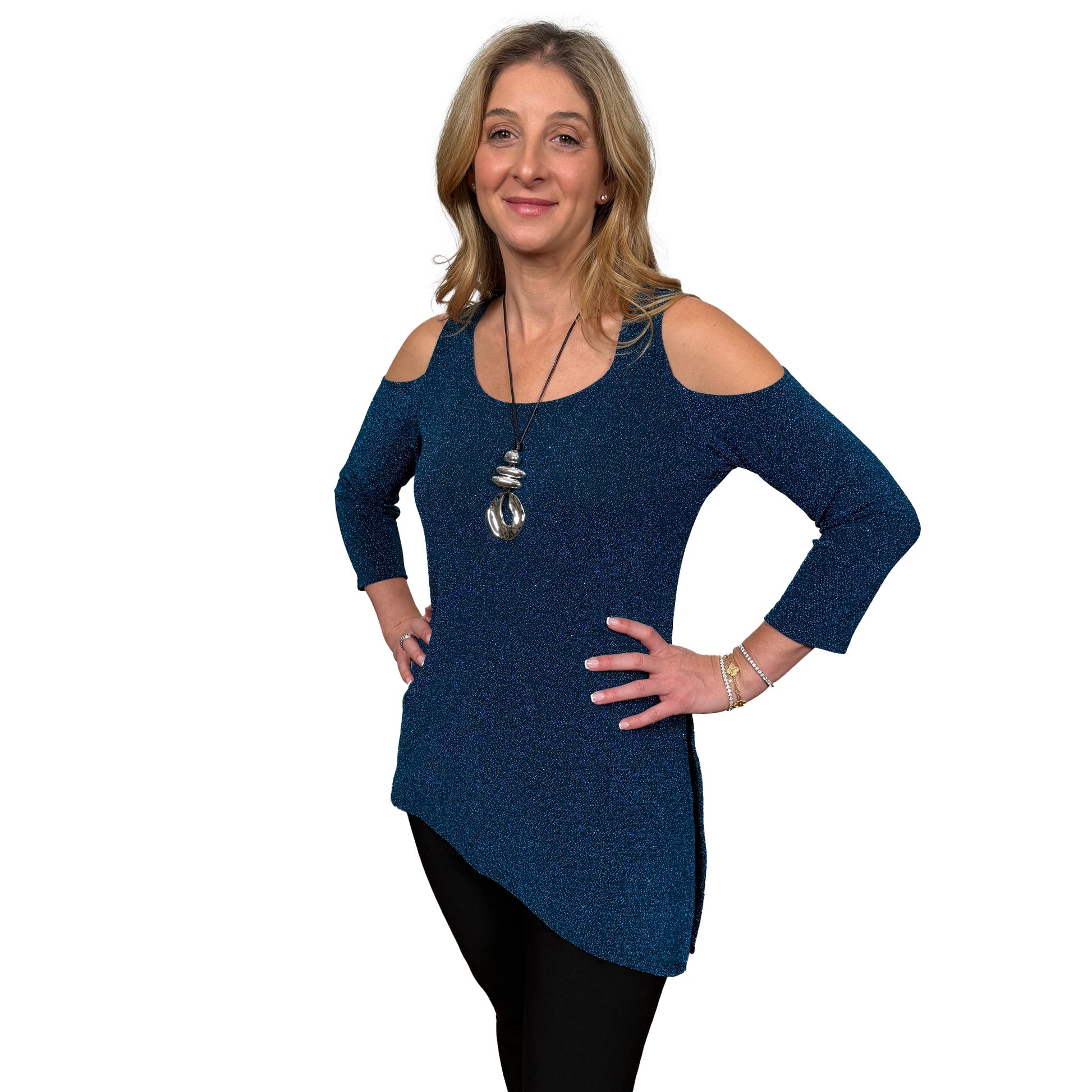 Slinky® Brand Sparkle and Lurex Knit Scoop Neck Cold Shoulder with Angle Hem Tunic and Side Slits