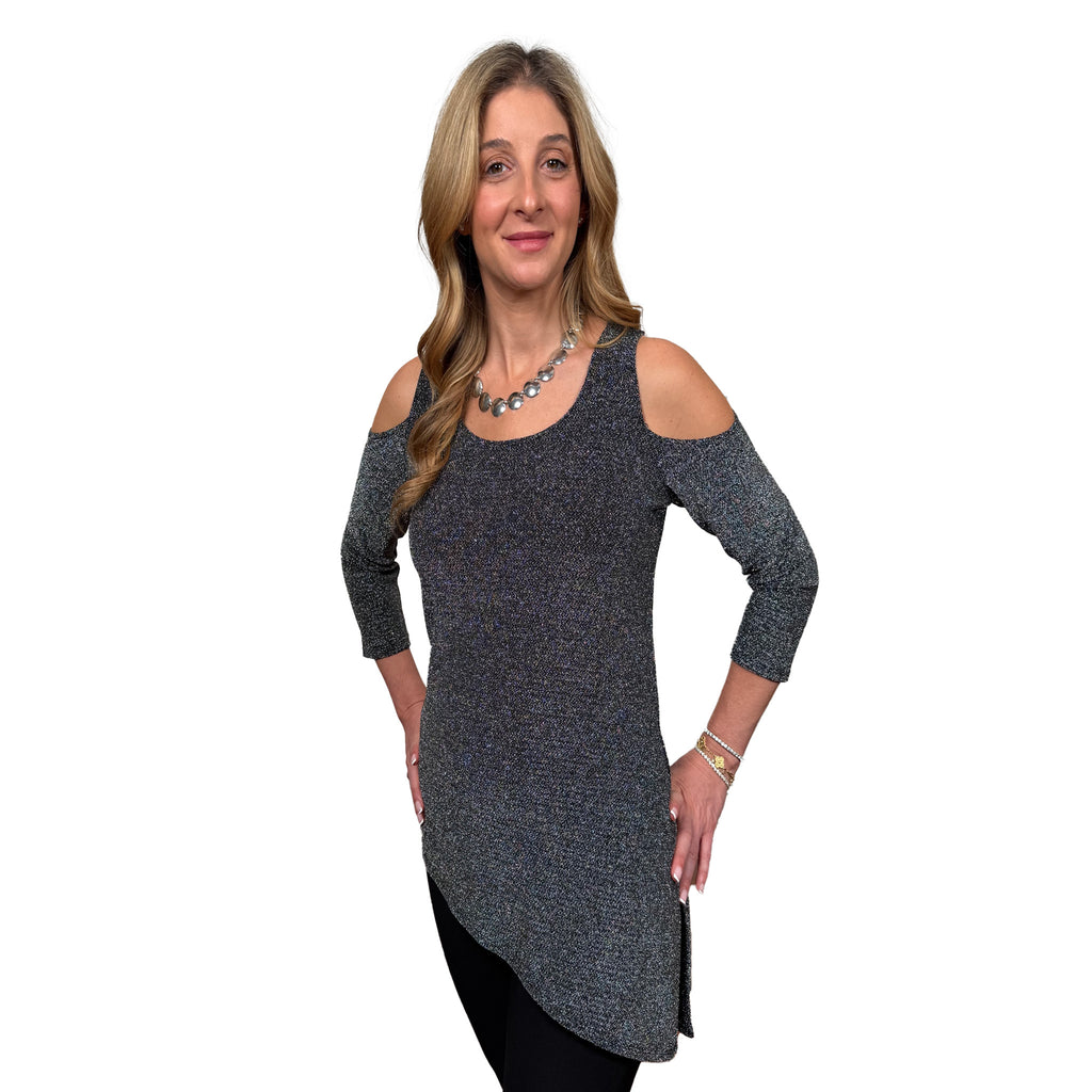 Slinky® Brand Sparkle and Lurex Knit Scoop Neck Cold Shoulder with Angle Hem Tunic and Side Slits