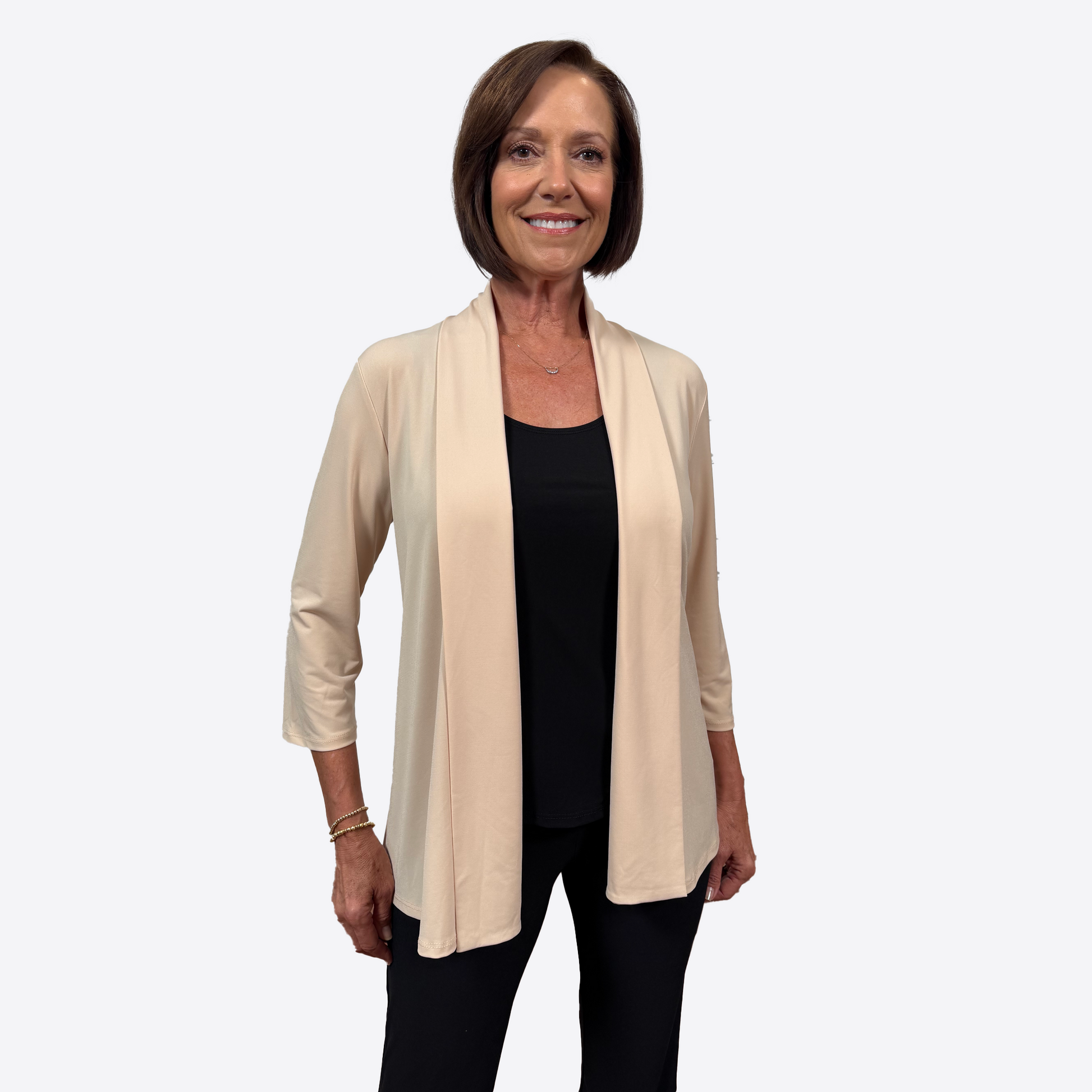 Slinky® Brand Jersey Knit ¾ Sleeve Solid Shawl Front Jacket