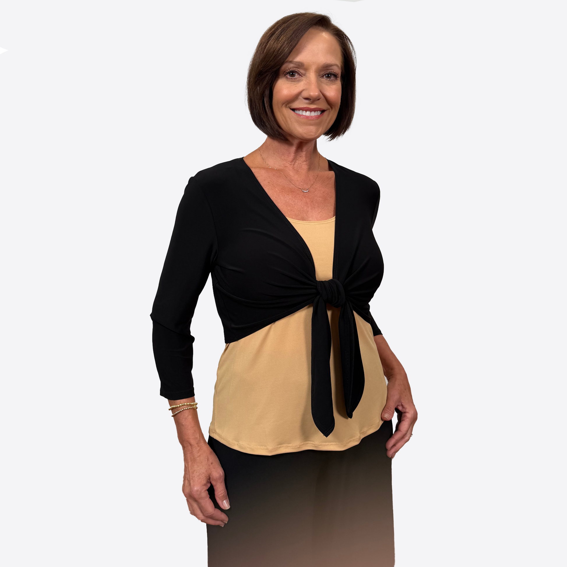 Slinky® Brand Jersey Knit ¾ Sleeve Tie Front Solid Cropped Jacket