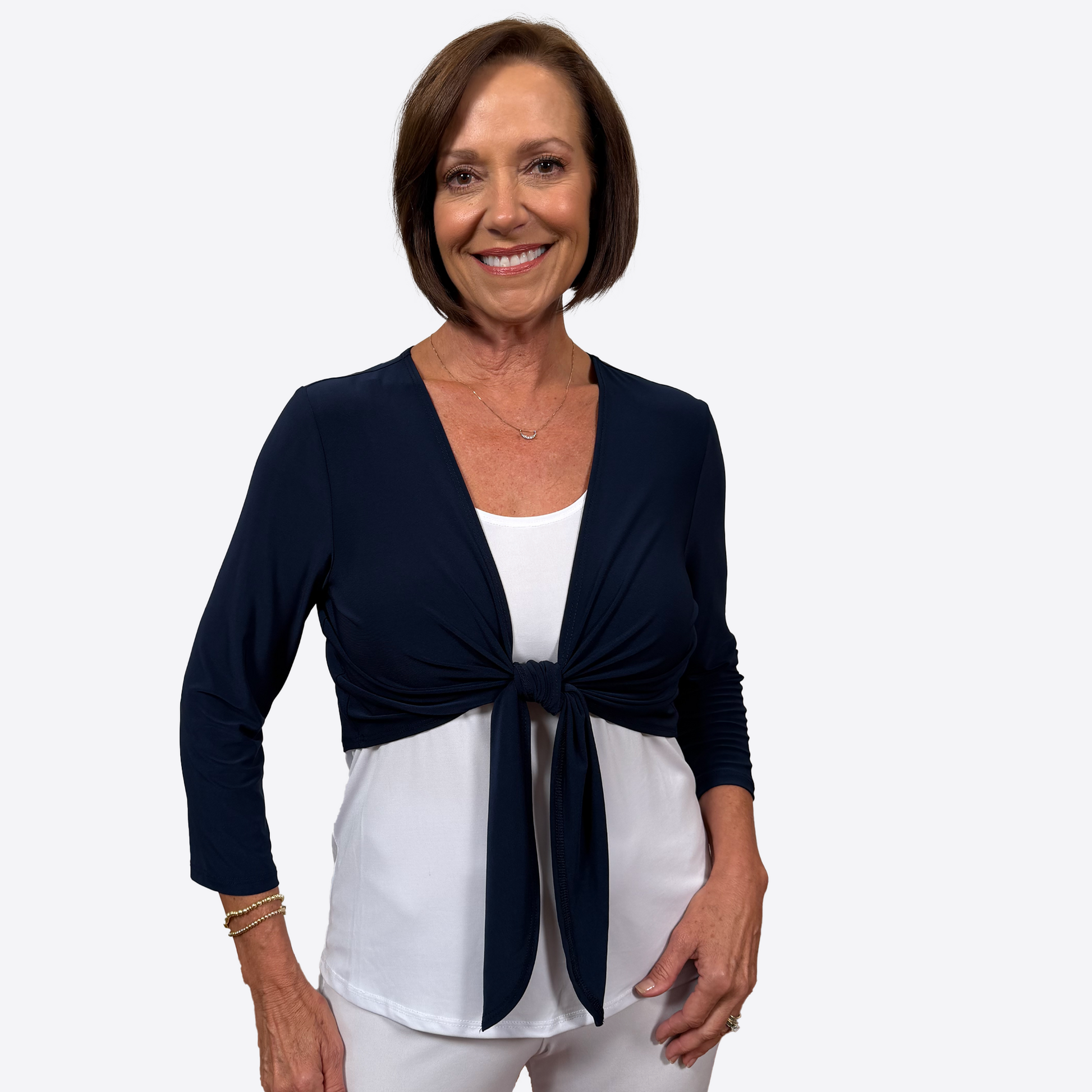 Slinky® Brand Jersey Knit ¾ Sleeve Tie Front Solid Cropped Jacket