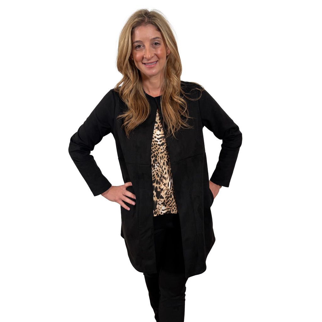 Slinky® Brand Long Faux Suede Collarless Duster With Pockets
