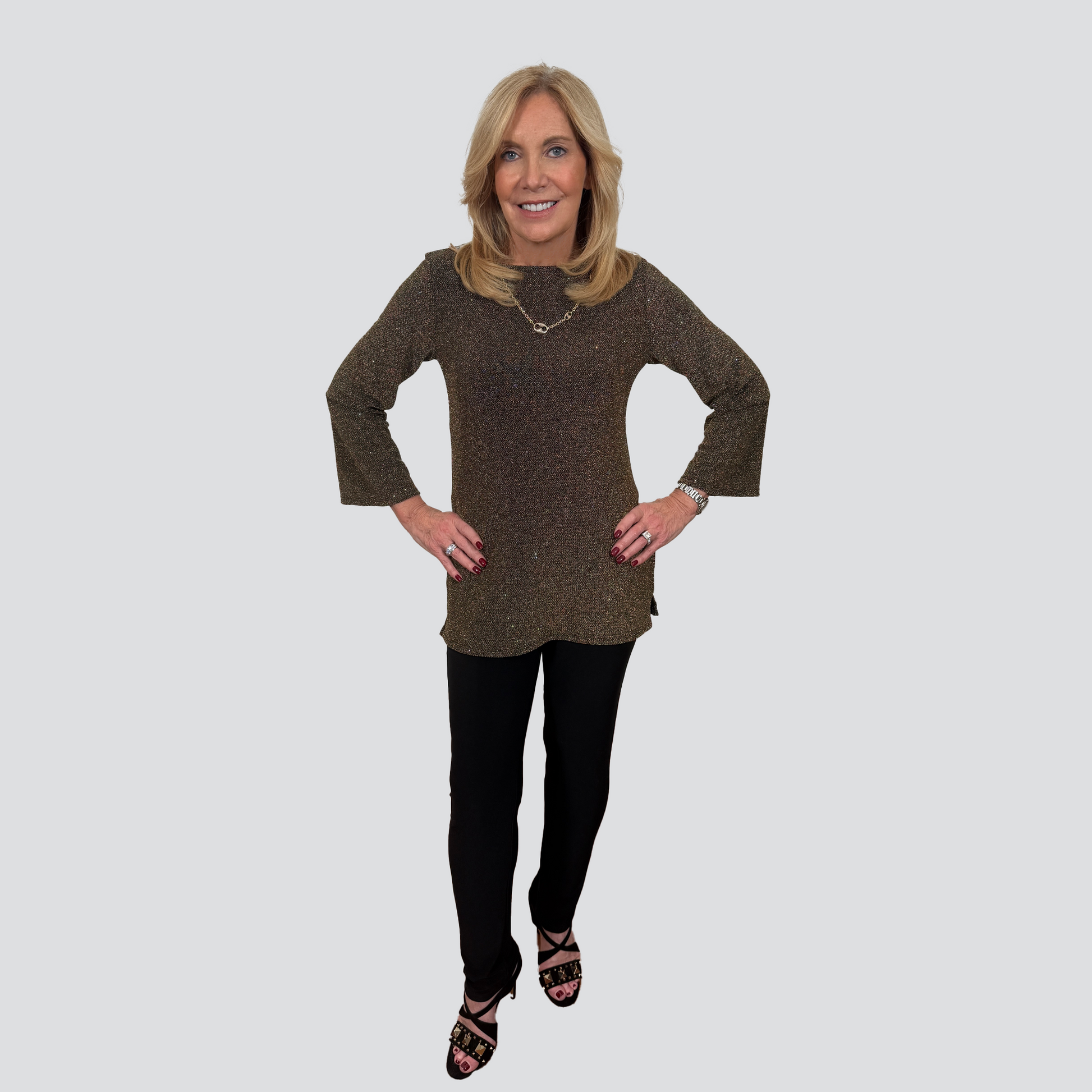 Slinky® Brand 2 Piece Set Sparkle and Lurex Flare Sleeve Boat Neck Long Embellished Tunic and Jersey Knit Skinny Pant