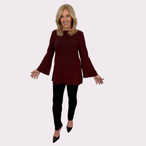 Slinky® Brand 2 Piece Set Sparkle and Lurex Flare Sleeve Boat Neck Long Embellished Tunic and Jersey Knit Skinny Pant