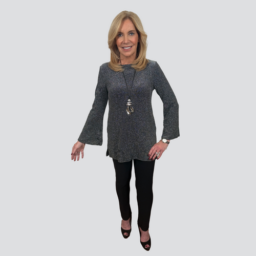 Slinky® Brand 2 Piece Set Sparkle and Lurex Flare Sleeve Boat Neck Long Embellished Tunic and Jersey Knit Skinny Pant