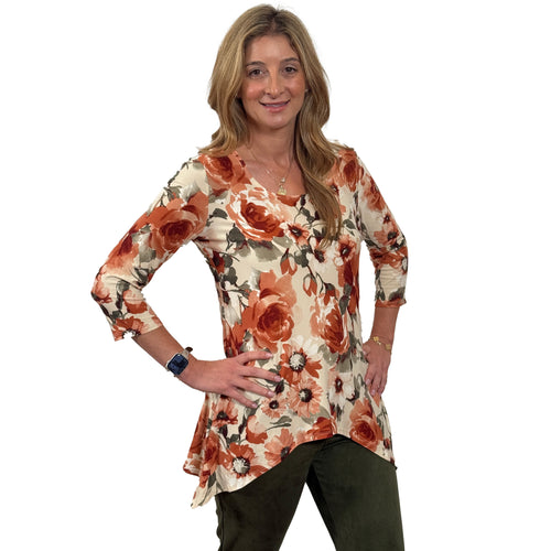 Slinky® Brand Brushed Jersey Knit ¾ Sleeve Scoop Neck Sharkbite Hem Tunic with Side Slits