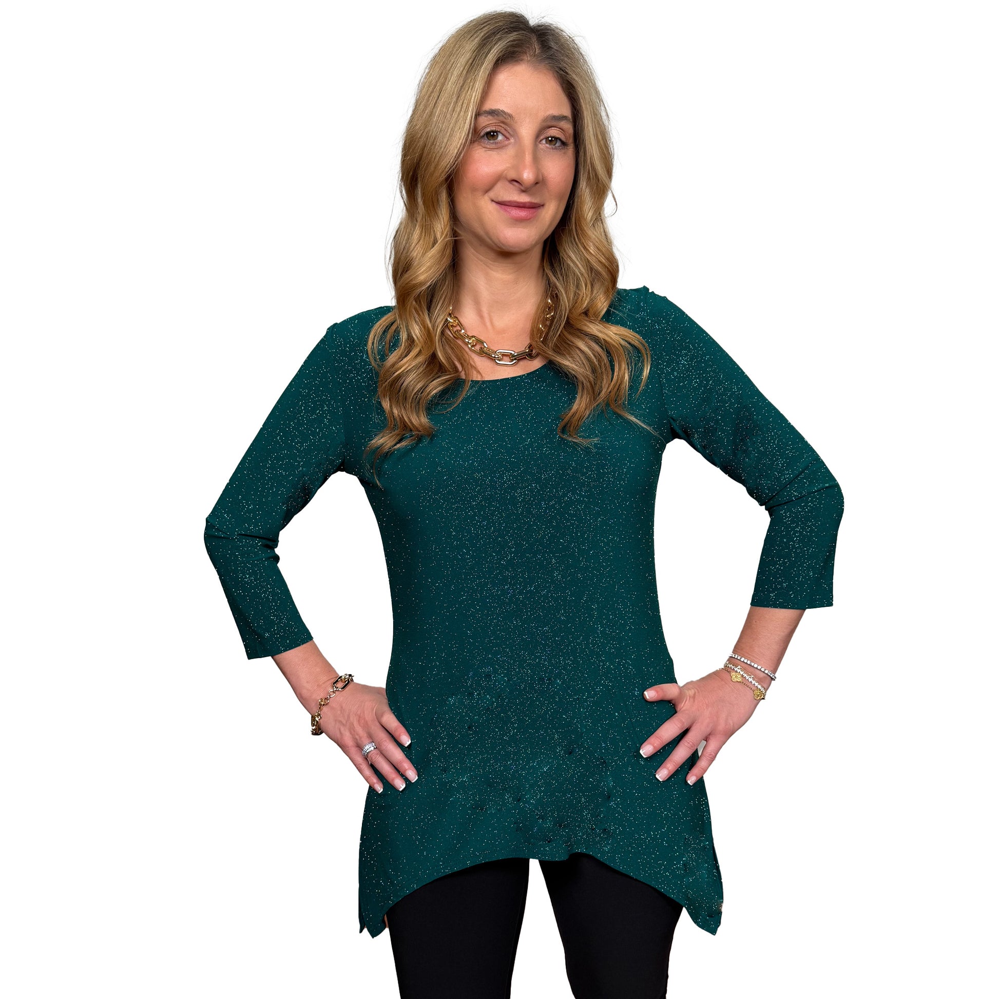 Slinky® Brand Jersey Knit ¾ Sleeve Scoop Neck Sparkle Drama Sharkbite Tunic With Side Slits