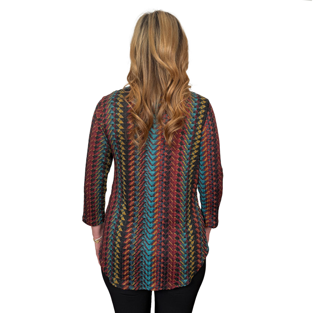 Slinky®Brand Printed Boat Neck 3/4 Sleeve Textured Sweater Knit Tunic with Rounded Hem