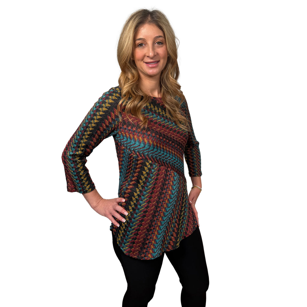 Slinky®Brand Printed Boat Neck 3/4 Sleeve Textured Sweater Knit Tunic with Rounded Hem