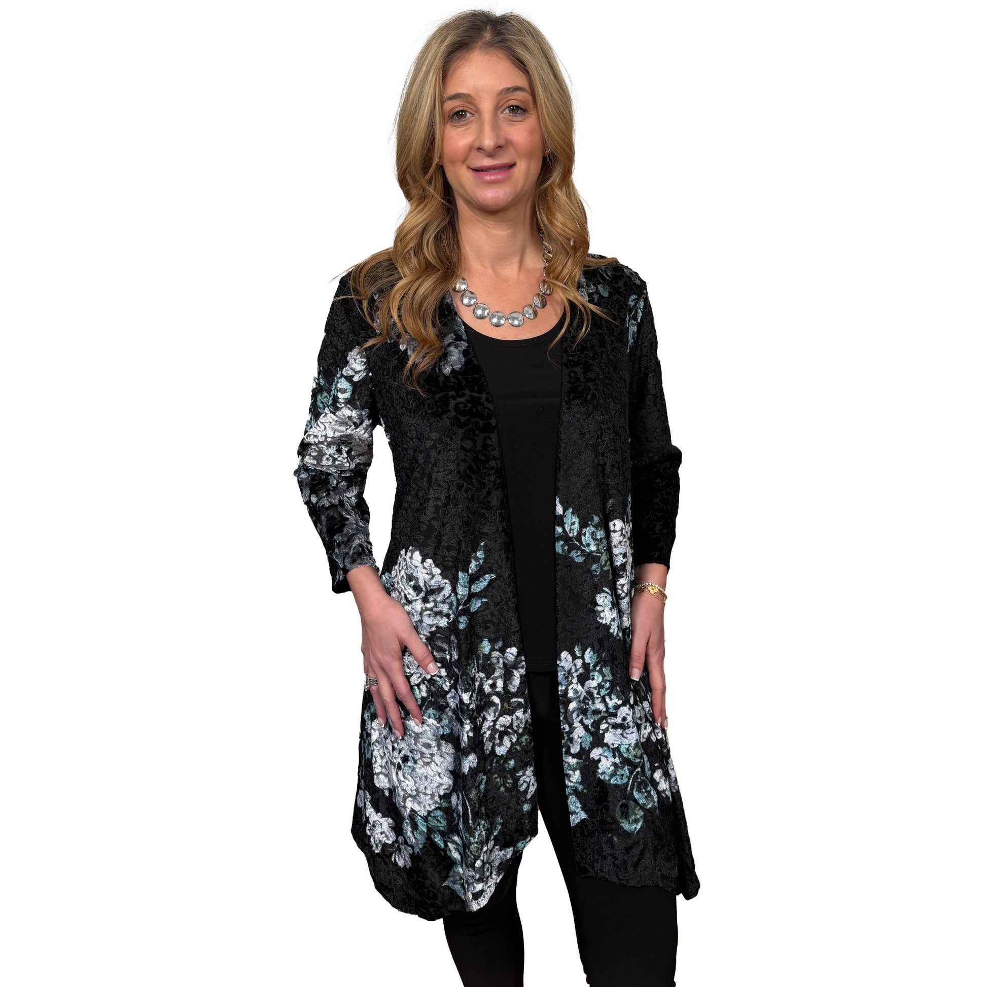 Slinky® Brand Printed Velvet Burnout Duster with Pointed Hem