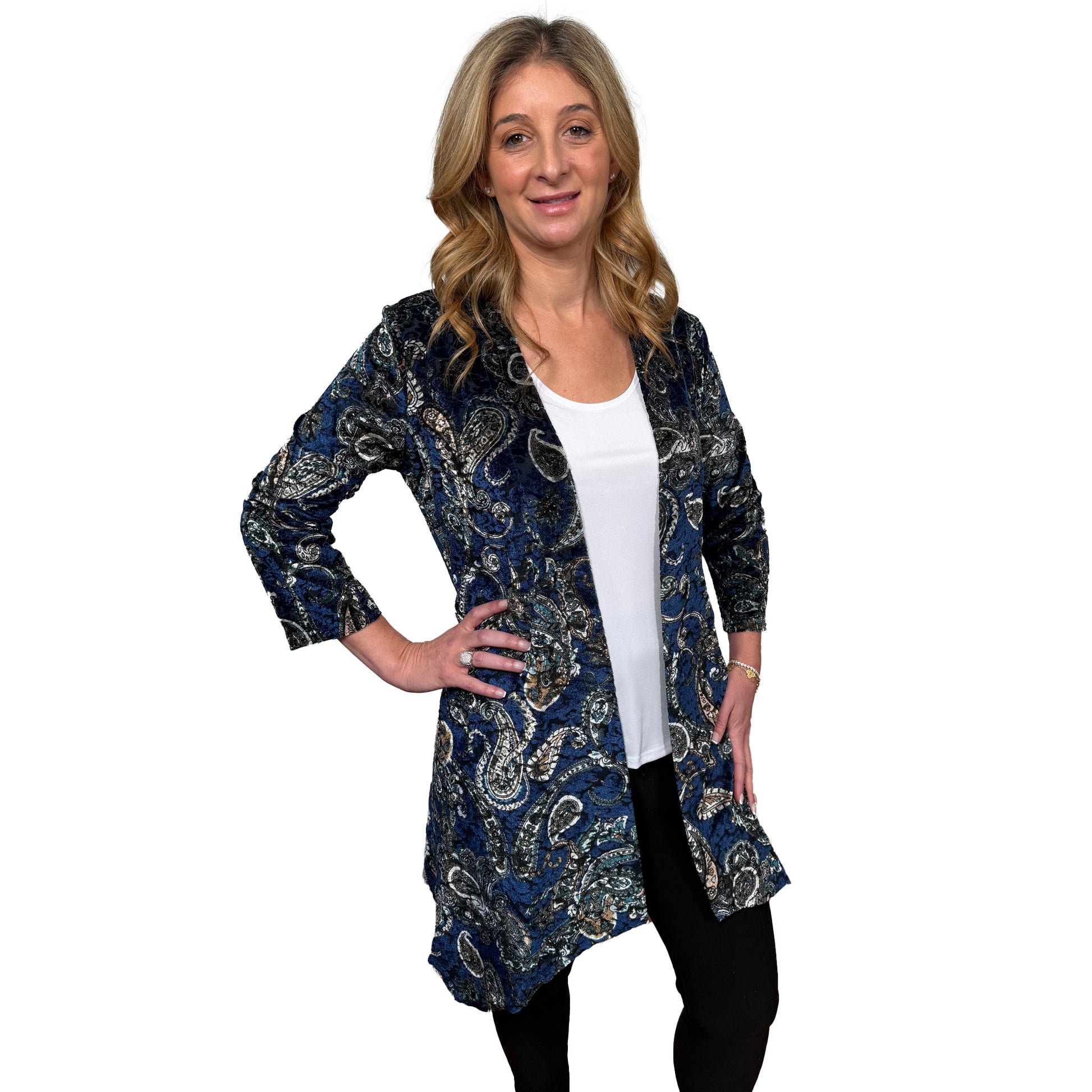 Slinky® Brand Printed Velvet Burnout Duster with Pointed Hem