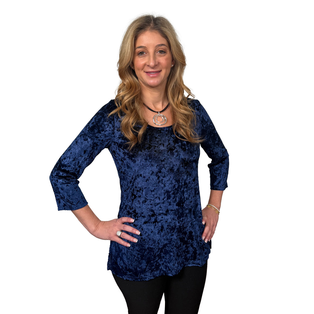 Slinky® Brand 3/4 Sleeve Scoop Neck Velvet Long Tunic with Side Slits