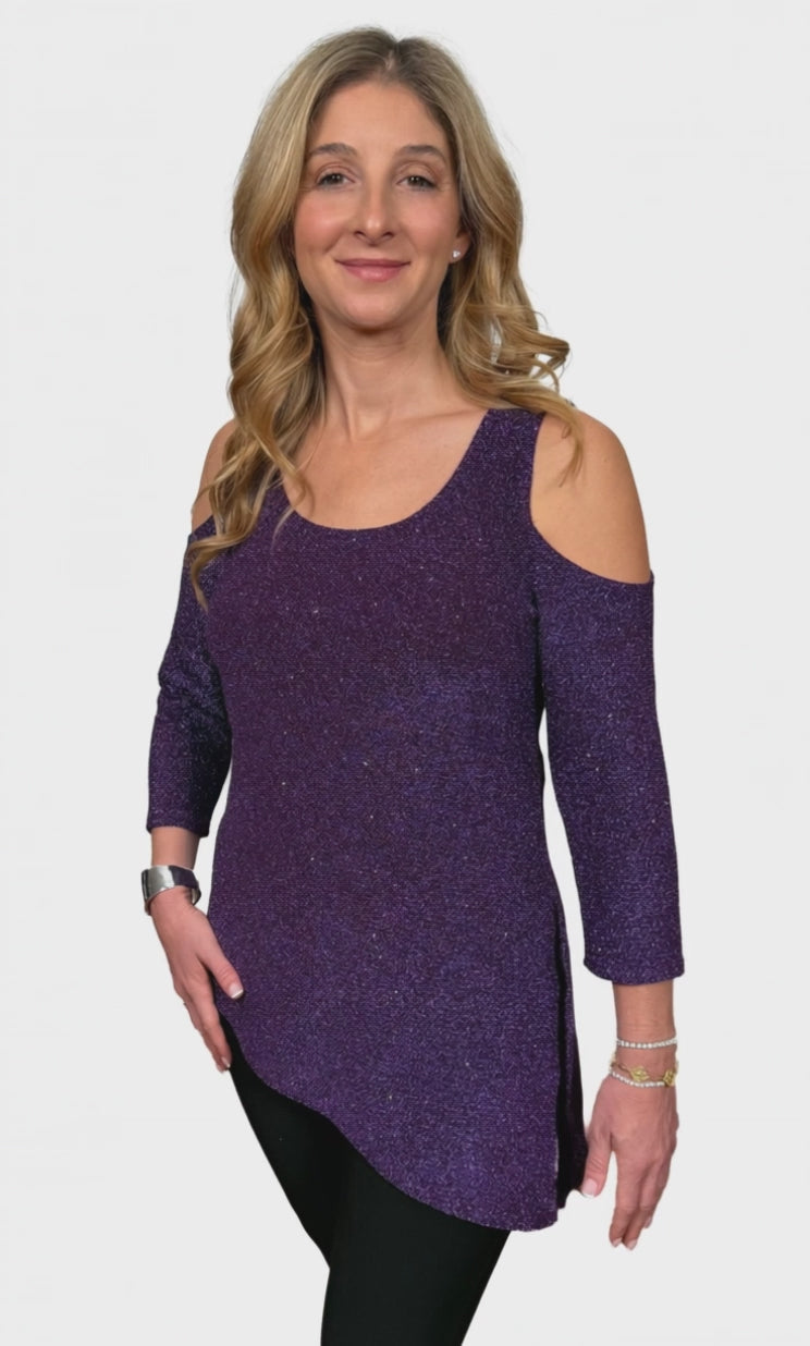 Slinky® Brand Sparkle and Lurex Knit Scoop Neck Cold Shoulder with Angle Hem Tunic and Side Slits